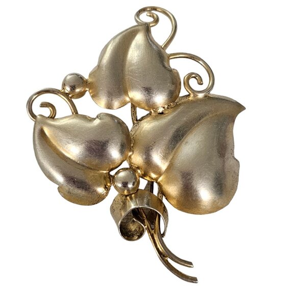 Sterling Silver Gold Vermeil Repousse Leaf, Vine Brooch Pin L89 - Picture 1 of 11